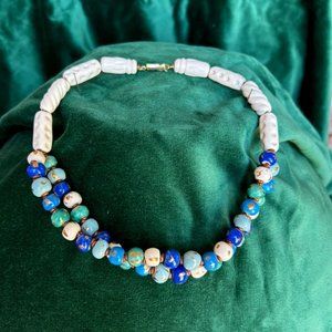 Kazuri ceramic bead necklace / choker - white, blue and green beads with copper
